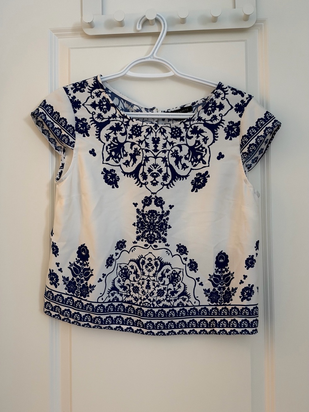 Dynamite White Tee with Navy Floral Medallion Print
